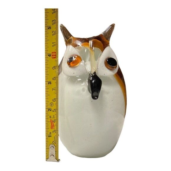 Vintage Brown & White Blown Glass Wide Eye Owl Paperweight Figurine 5 x2.5” MCM - Picture 7 of 8